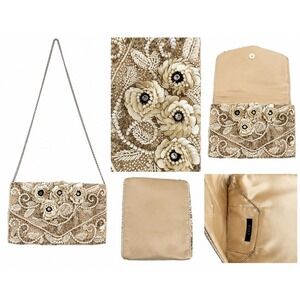 Vintage RSVP Beaded Floral Sequin Clutch Purse Champagne Ivory Evening Bag